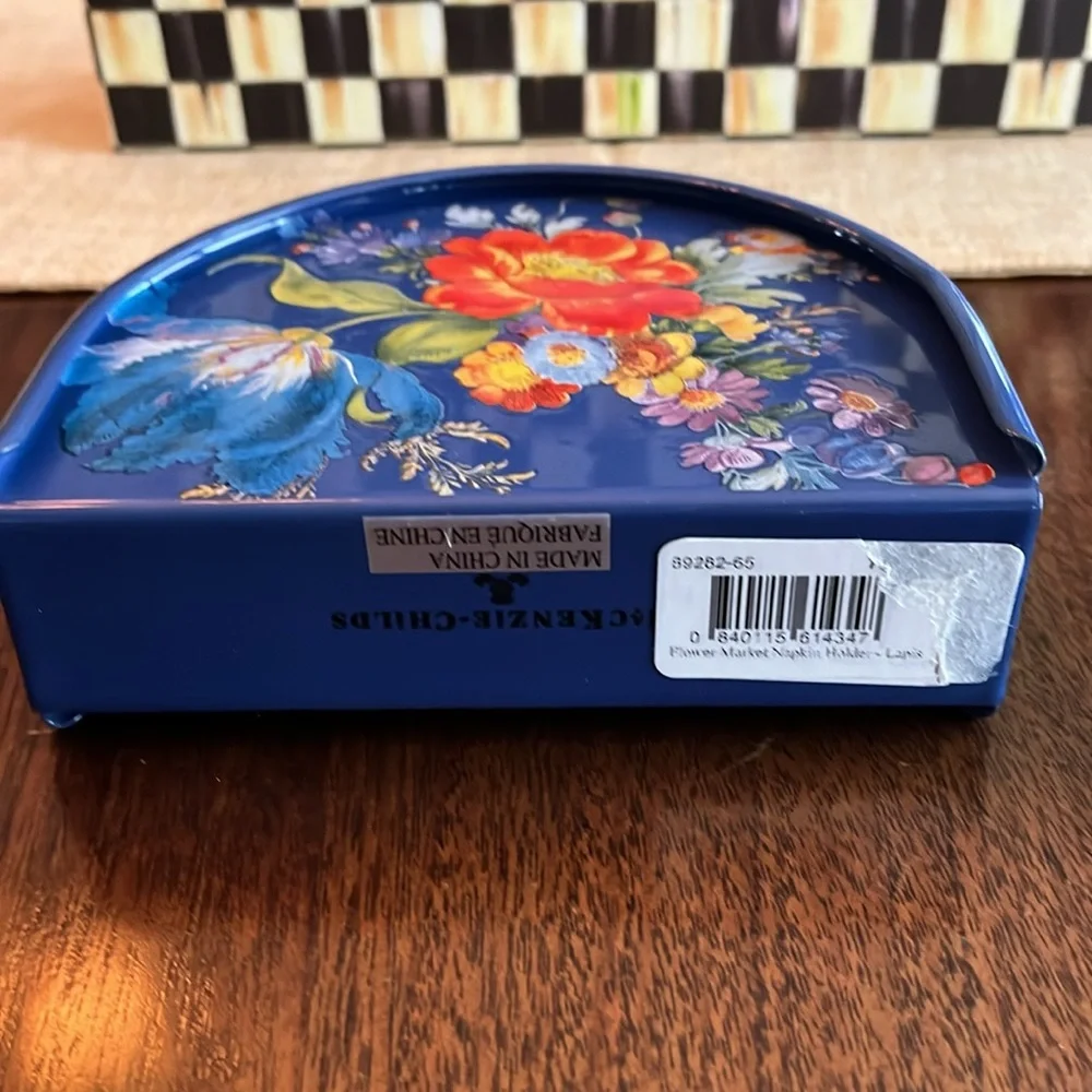 NWT Mackenzie Childs Blue Flower Market napkin holder and Courtly check napkins